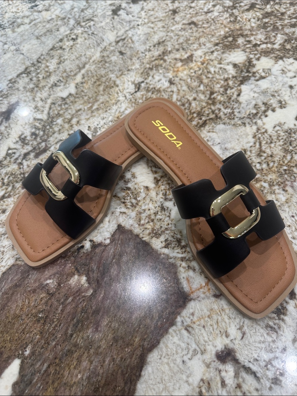 Soda Black Slide Sandals with Gold Buckle